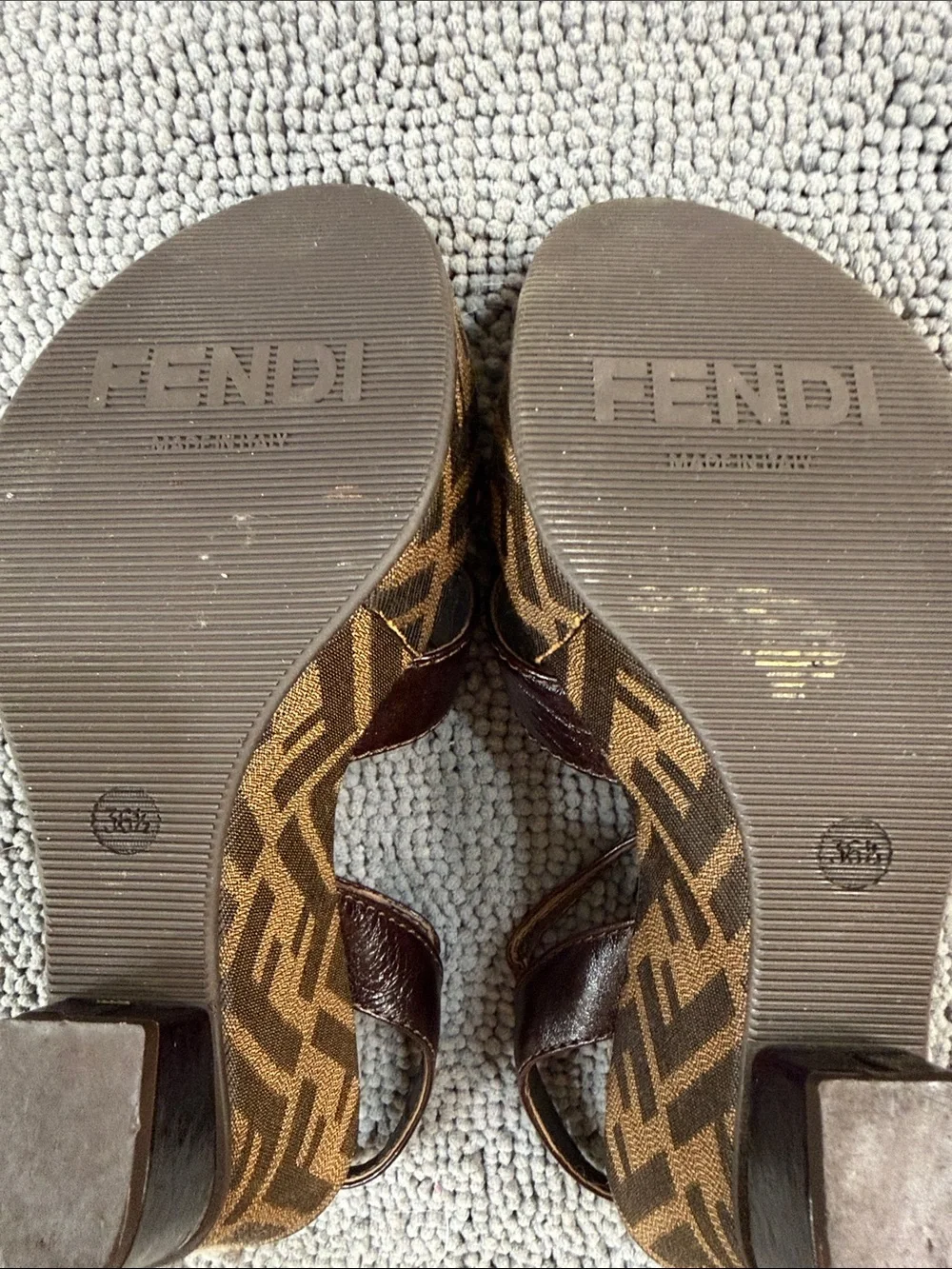 Fendi Brown Logo Canvas and Dark Brown Leather Wedge Sandals size 36 1/2 6 1/2 - Picture 2 of 6